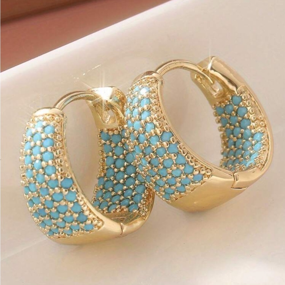 Gold Blue Water Drop 💧 Hoop Earrings